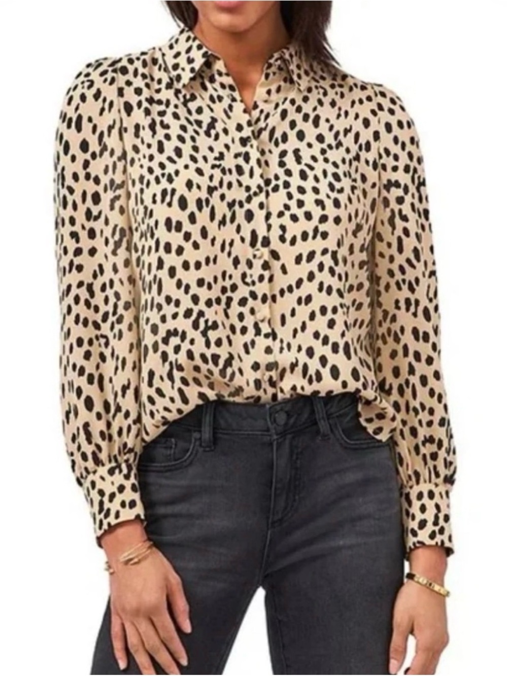 Vince Camuto Cream and Black Leopard Print Button-Down Blouse
